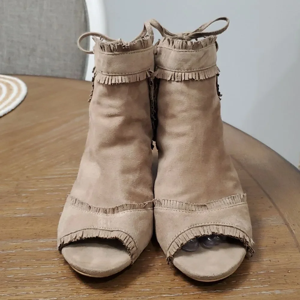 G.C. Boho Polka Open Toe, Fringe Laced Chunky Heel, Size 10